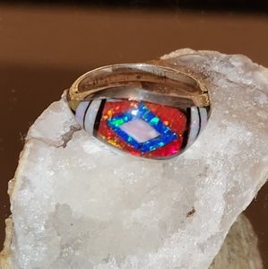 SOLD Fire Opal, Custom-Made Red, White & Blue Fire Opal Ring, Size 8.5 Gorgeous!